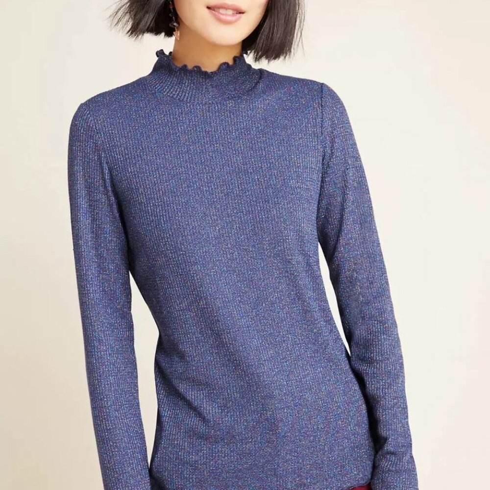 NWT $78 Anthropologie Georgiana Numph Purple Metallic Knitted Mock Sweater Top - Picture 2 of 5